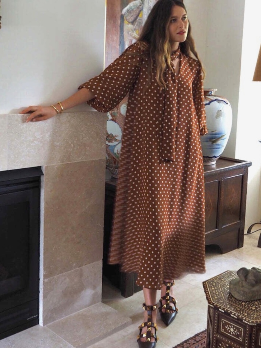 New Rixo RAEYA - COPPER DOT SILK Dress With Neck Tie Med
